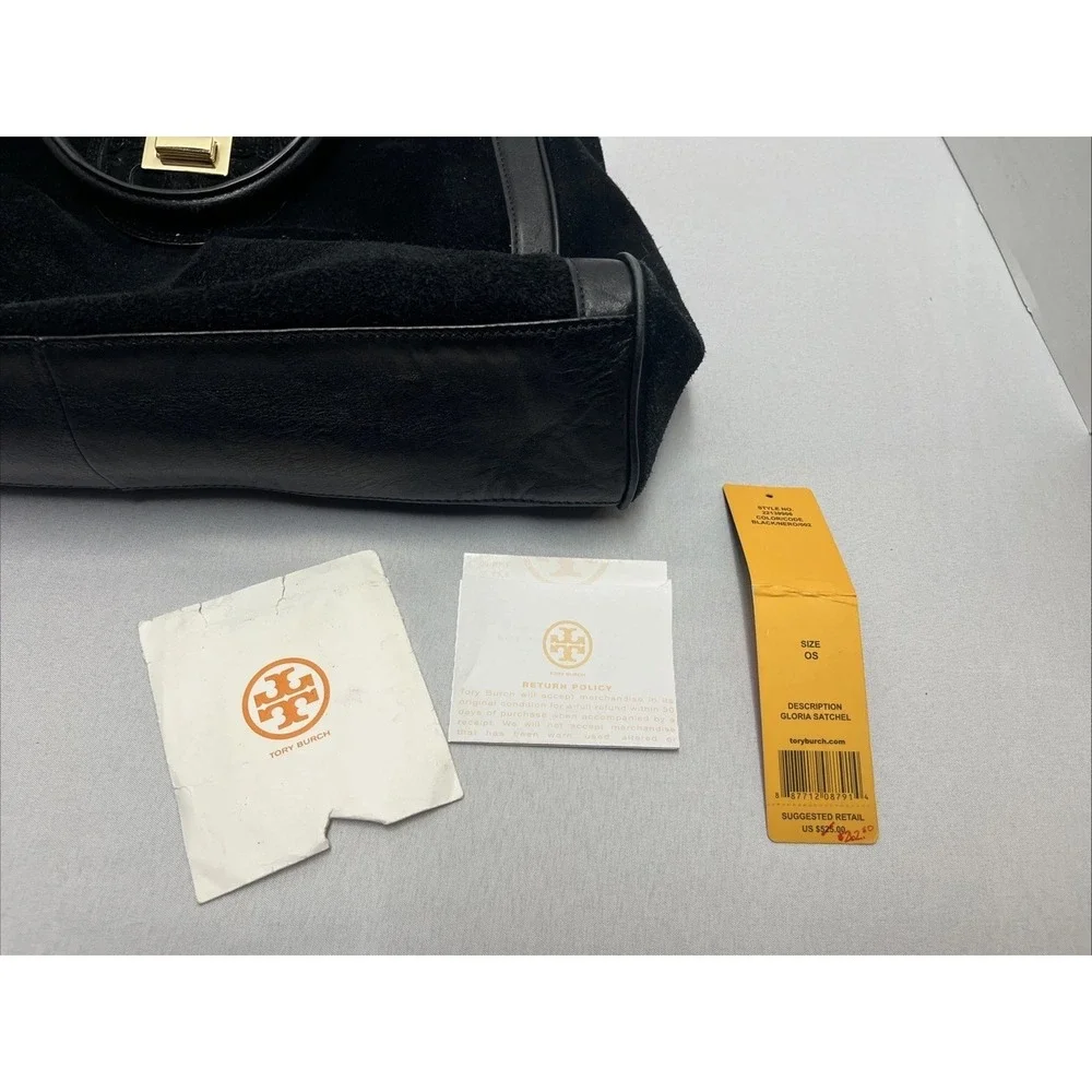 Tory Burch Gloria Satchel Black Bag Suede Leather Purse 2-Way w Detach Strap - Picture 5 of 7